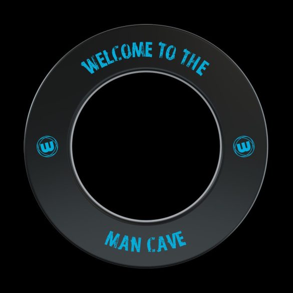 Winmau wall protector around dart board with black and blue "Man Cave" lettering