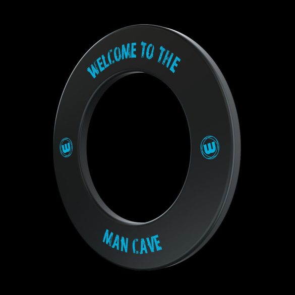Winmau wall protector around dart board with black and blue "Man Cave" lettering