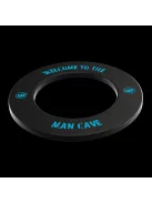 Winmau wall protector around dart board with black and blue "Man Cave" lettering