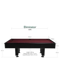   pool biliárd asztal Dynamic Eliminator 8' méret, fekete (szürke, bordő, kék vagy zöld szövettel)