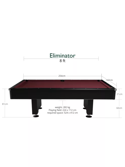pool biliárd asztal Dynamic Eliminator 8' méret, fekete (szürke, bordő, kék vagy zöld szövettel)