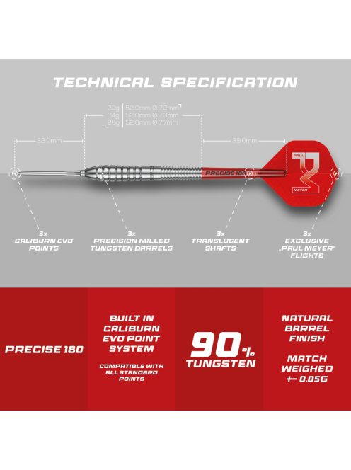 Dart szett Precise 180 Paul Meyer 1-es verzió, steel, 22g, 90%