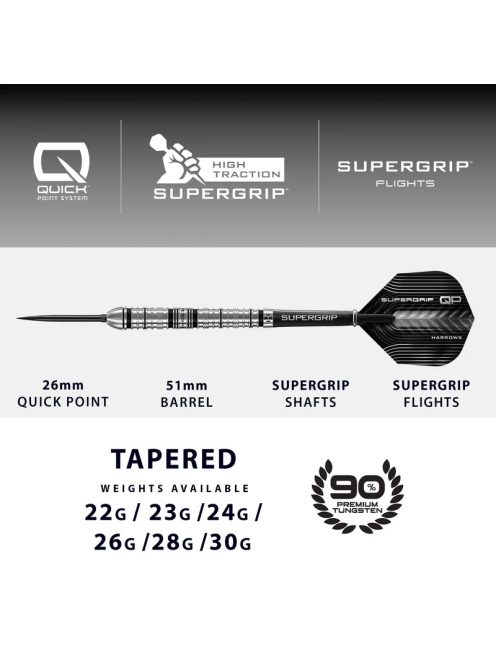 dart szett steel Harrows Supergrip QP Tapered, Quick Point, 23gr, 90%