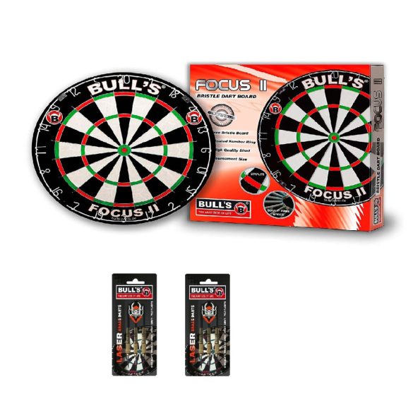 Bull's Focus II official competition darts board + 2 sets of Bull's Laser steel arrows