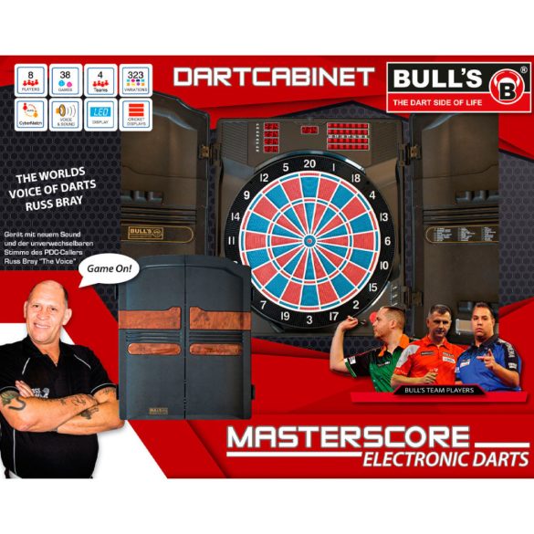 Bull's Masterscore profi elektromos darts tábla kabinetben, Russ Bray "The Voice" hangjával (2 év garancia!)