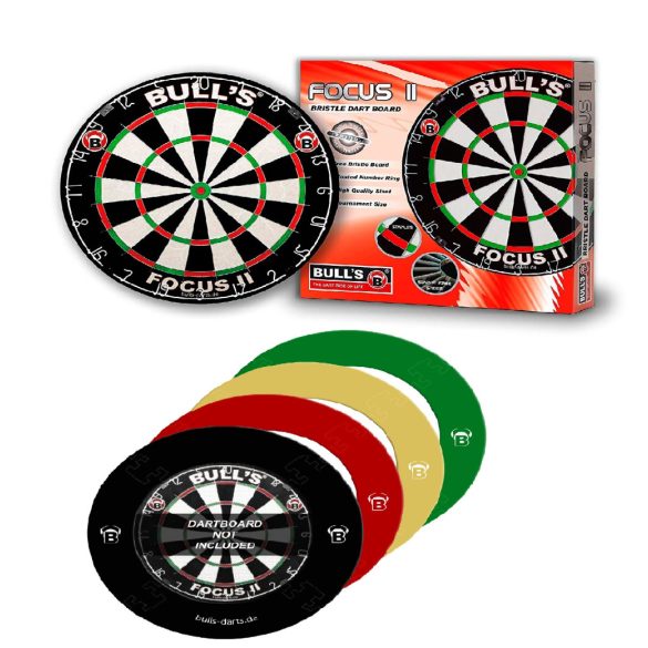Bull's Focus II. verseny darts tábla + Bull's fekete, vörös, vagy zöld színű EVA 4 részes falvédő