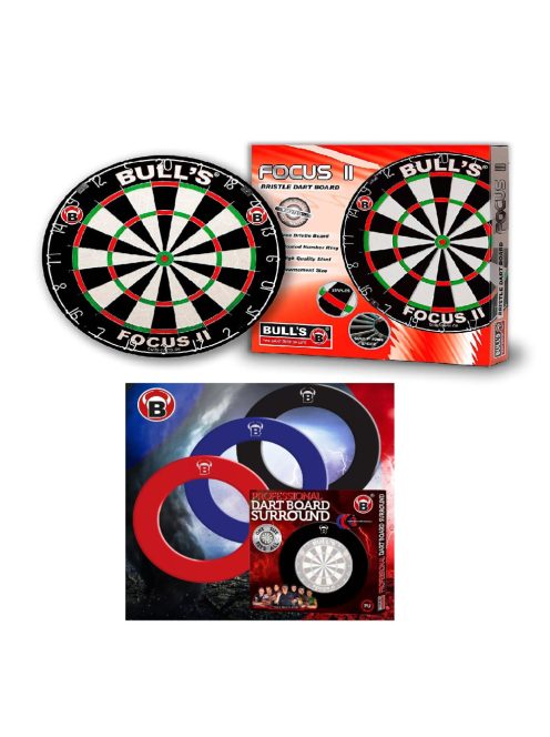 Bull's Focus II. competition darts board + Bull's black, red or blue wall protectors
