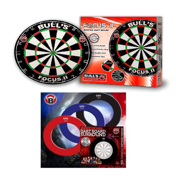 Bull's Focus II. competition darts board + Bull's black, red or blue wall protectors