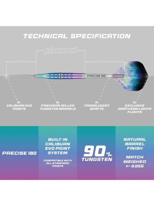 Dart szett Precise 180 Northern Lights steel, 22g, 90%