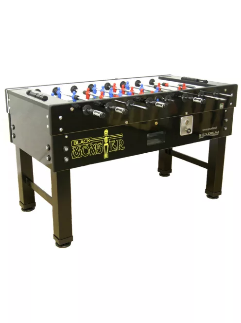 FAS Prostar Black Monster Foosball Table, open, no lights, with coin tester