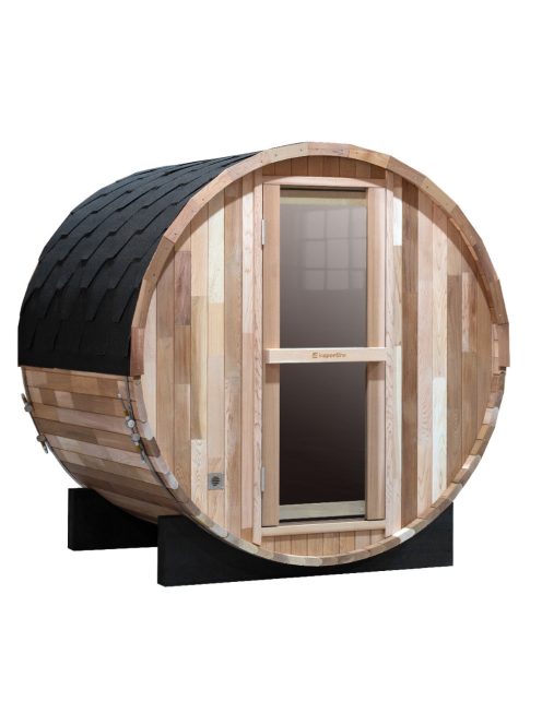 Finn hordó szauna inSPORTline Viduor 300 - Cédrusfa, FANLAN SCA 60 kályha, üveg bejárat, belső világítás, jó hőszigetelő tulajdonságok