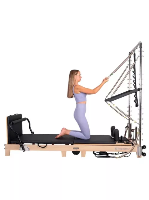 Pilates Reformer torony inSPORTline Driftaler, stabil szerkezet, 53 rögzítőszem, V-alakú fogantyú, négy hosszú és négy rövid prémium rugó