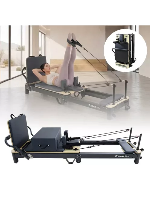 Pilates reformer inSPORTline Comfolder EVO, összecsukható szerkezet, 4 görgő a könnyű mozgatáshoz, karcolásálló váz, levehető háttámla, pilates doboz - bézs