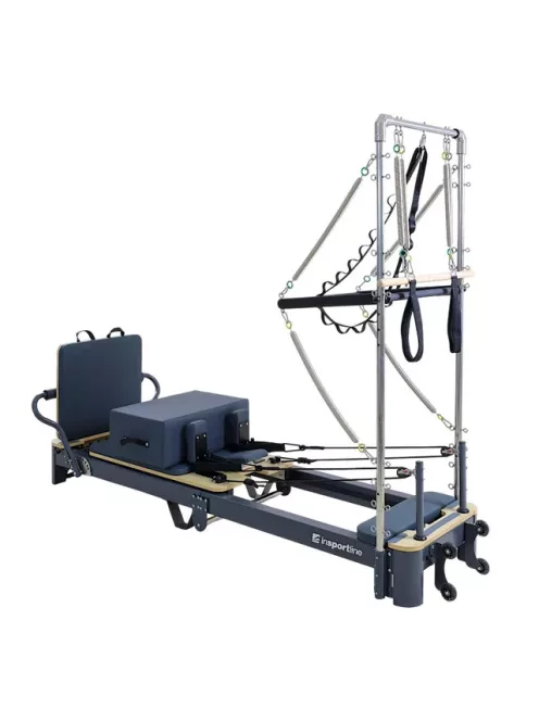 Pilates reformer inSPORTline Comfolder EVO, összecsukható szerkezet, 4 görgő a könnyű mozgatáshoz, karcolásálló váz, levehető háttámla, pilates doboz - bézs
