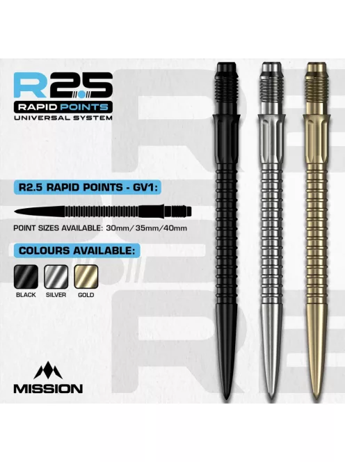 darts fémhegy Mission R2.5 Rapid Points - GV1 fekete, 40mm
